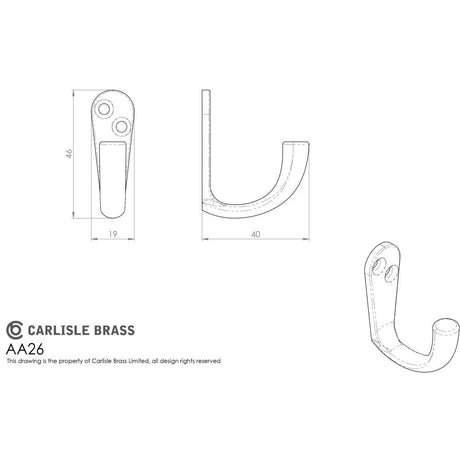 This image is a line drwaing of a Carlisle Brass - Victorian Robe Hook - Satin Chrome available to order from Trade Door Handles in Kendal