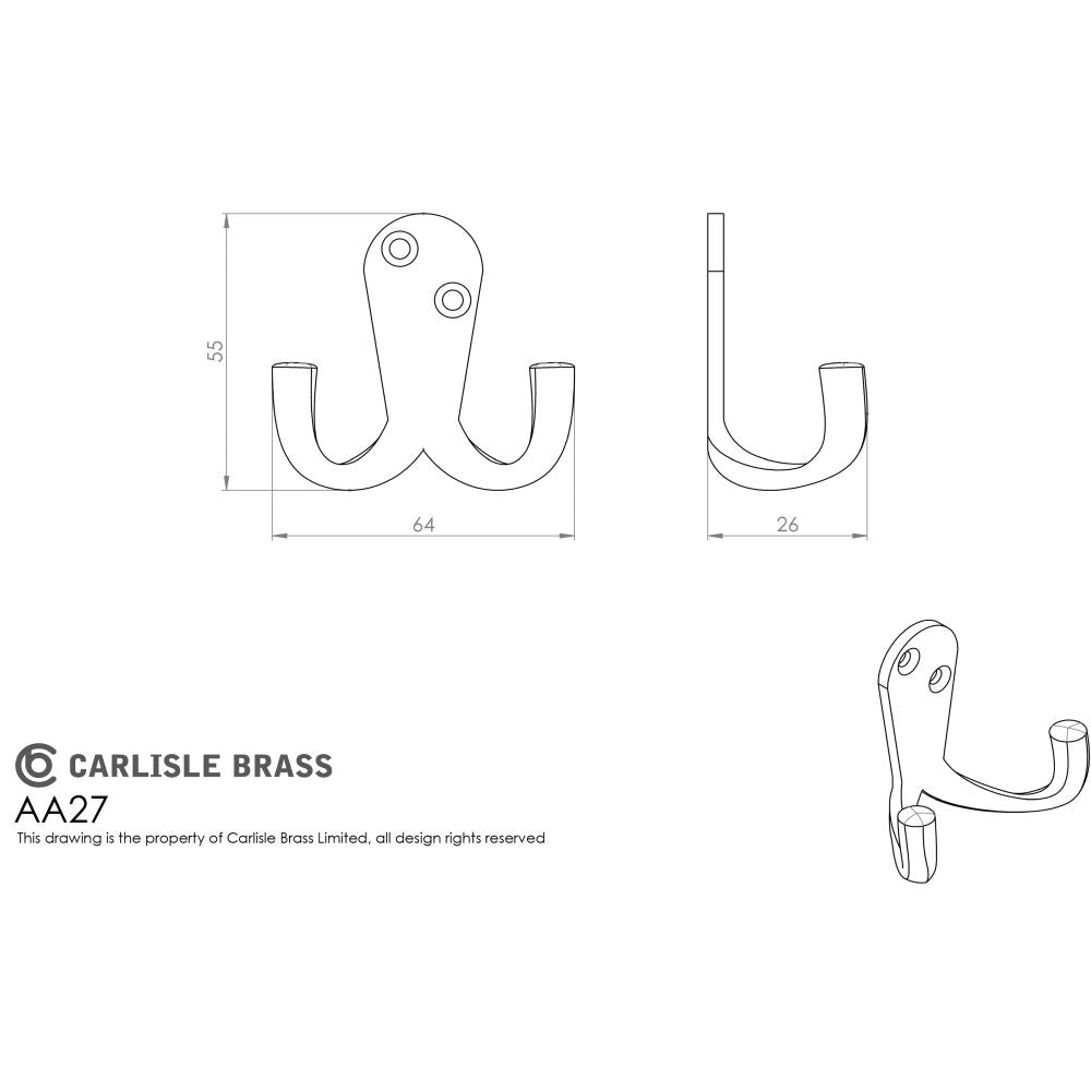 This image is a line drwaing of a Carlisle Brass - Victorian Double Robe Hook - Satin Chrome available to order from Trade Door Handles in Kendal