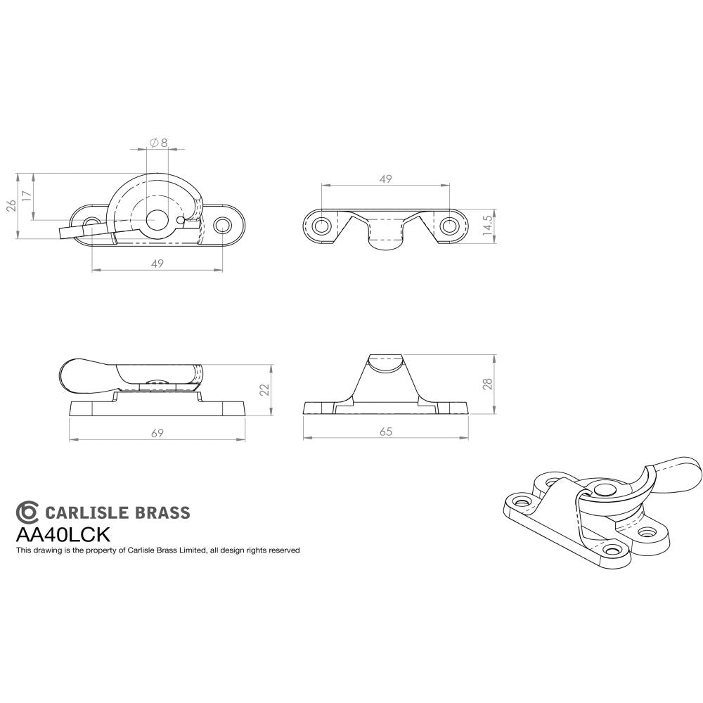 This image is a line drwaing of a Carlisle Brass - Fitch Pattern Sash Fastener (Locking) - Satin Chrome available to order from Trade Door Handles in Kendal