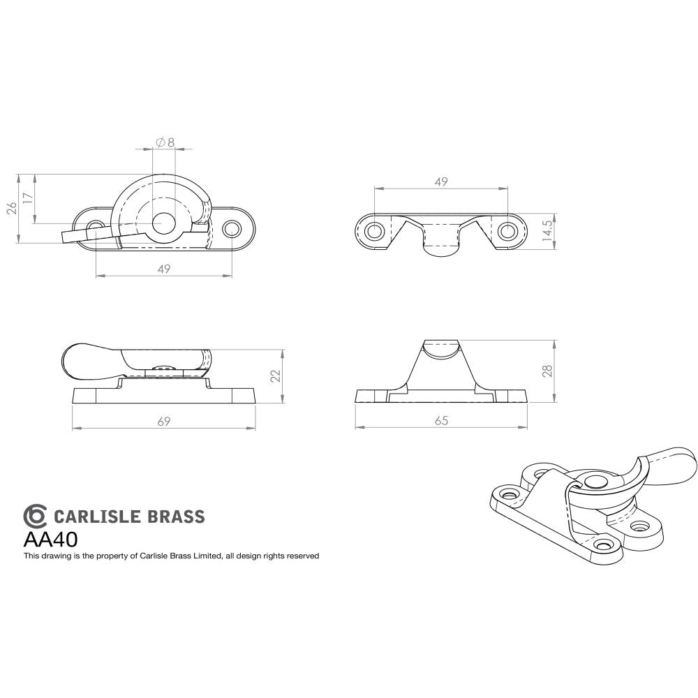 This image is a line drwaing of a Carlisle Brass - Fitch Pattern Sash Fastener - Polished Brass available to order from Trade Door Handles in Kendal