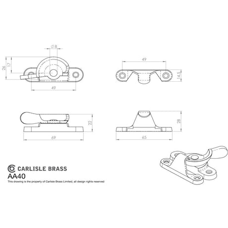 This image is a line drwaing of a Carlisle Brass - Fitch Pattern Sash Fastener - Polished Chrome available to order from Trade Door Handles in Kendal