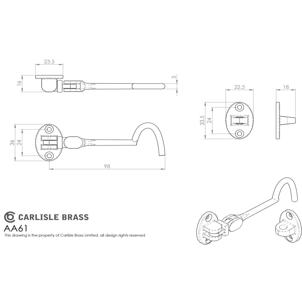 This image is a line drwaing of a Carlisle Brass - Silent Pattern Cabin Hook 97mm - Satin Chrome available to order from Trade Door Handles in Kendal