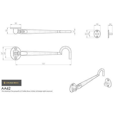 This image is a line drwaing of a Carlisle Brass - Silent Pattern Cabin Hook 154mm - Satin Chrome available to order from Trade Door Handles in Kendal