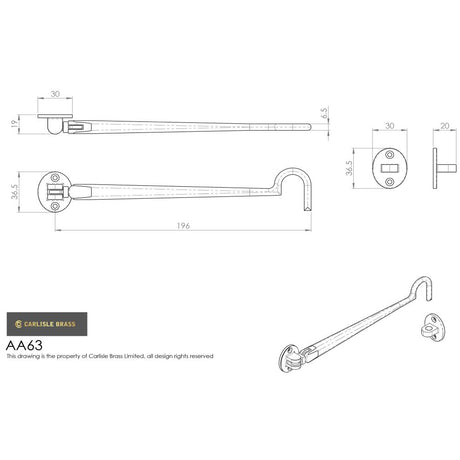 This image is a line drwaing of a Carlisle Brass - Silent Pattern Cabin Hook 196mm - Satin Chrome available to order from Trade Door Handles in Kendal