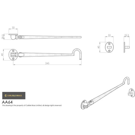 This image is a line drwaing of a Carlisle Brass - Silent Pattern Cabin Hook 245mm - Polished Brass available to order from Trade Door Handles in Kendal