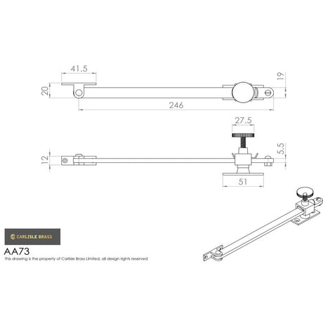 This image is a line drwaing of a Carlisle Brass - Screw Down Pattern Casement Stay 246mm - Polished Brass available to order from Trade Door Handles in Kendal