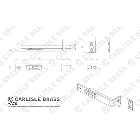 This image is a line drwaing of a Carlisle Brass - Sunk Slide Flush Bolt - Satin Nickel available to order from Trade Door Handles in Kendal