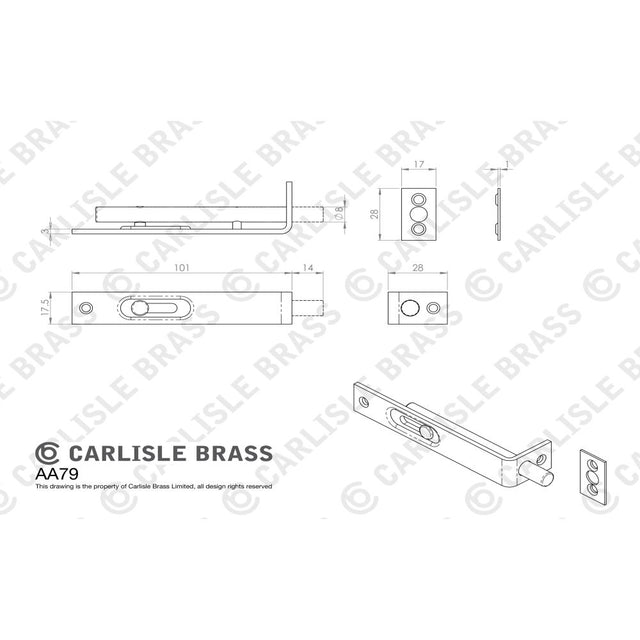 This image is a line drwaing of a Carlisle Brass - Sunk Slide Flush Bolt - Satin Chrome available to order from Trade Door Handles in Kendal