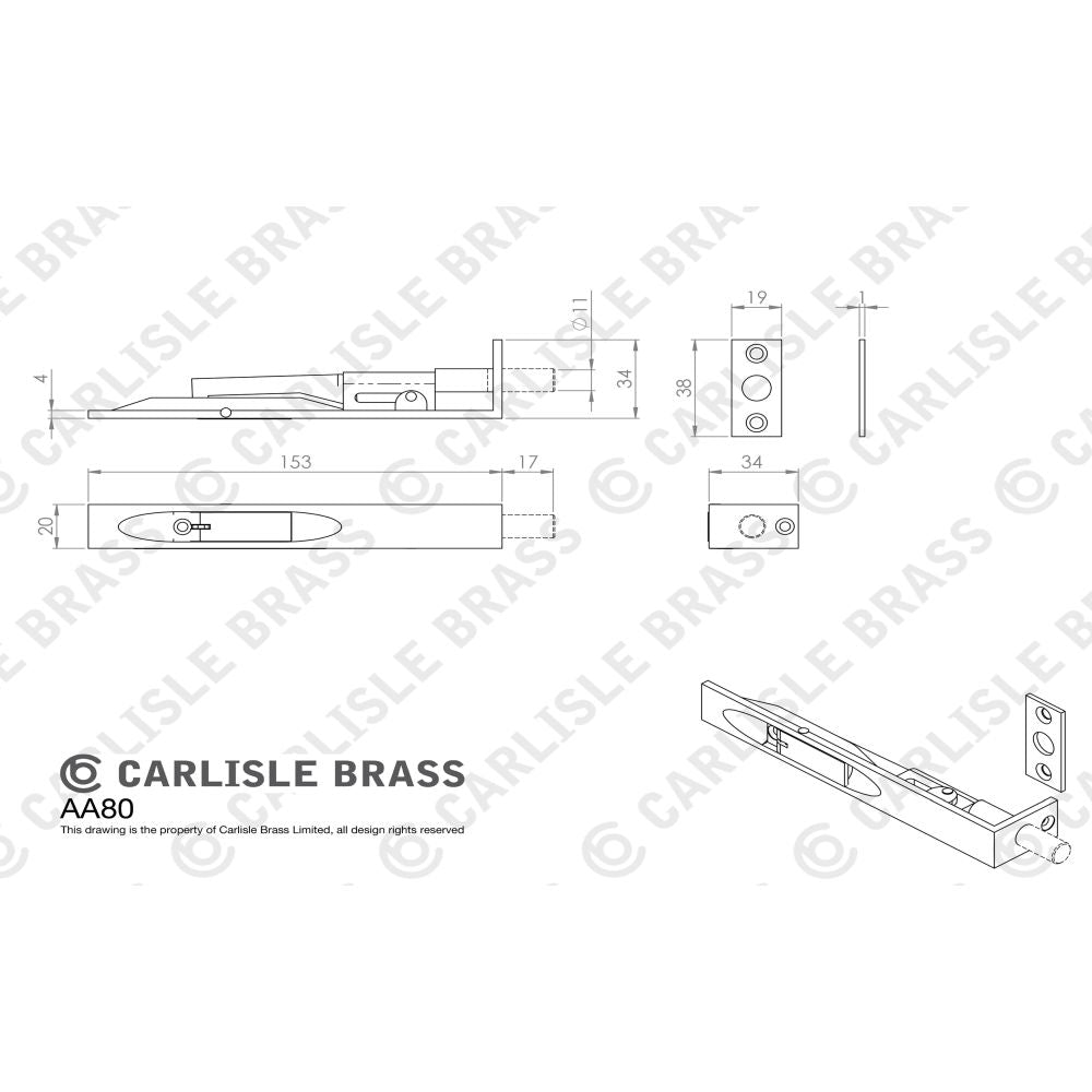 This image is a line drwaing of a Carlisle Brass - Lever Action Flush Bolt 152mm - Satin Nickel available to order from Trade Door Handles in Kendal