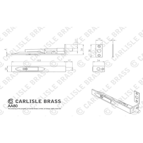 This image is a line drwaing of a Carlisle Brass - Lever Action Flush Bolt 152mm - Satin Nickel available to order from Trade Door Handles in Kendal