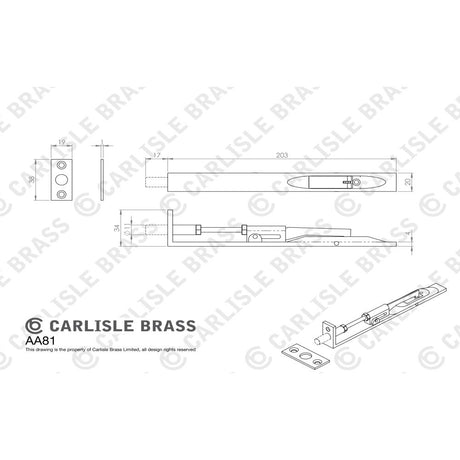 This image is a line drwaing of a Carlisle Brass - Lever Action Flush Bolt 204mm - Satin Nickel available to order from Trade Door Handles in Kendal