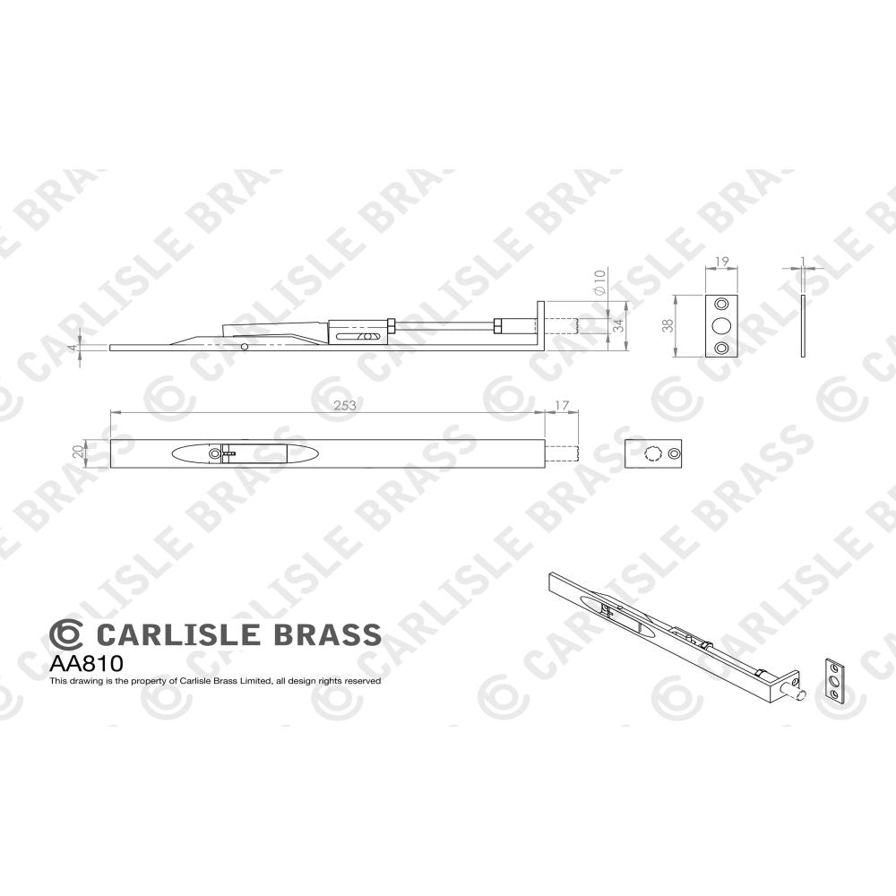 This image is a line drwaing of a Carlisle Brass - Lever Action Flush Bolt 254mm - Satin Nickel available to order from Trade Door Handles in Kendal