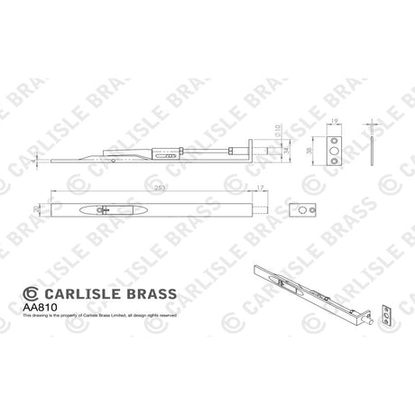 This image is a line drwaing of a Carlisle Brass - Lever Action Flush Bolt 254mm - Polished Chrome available to order from Trade Door Handles in Kendal