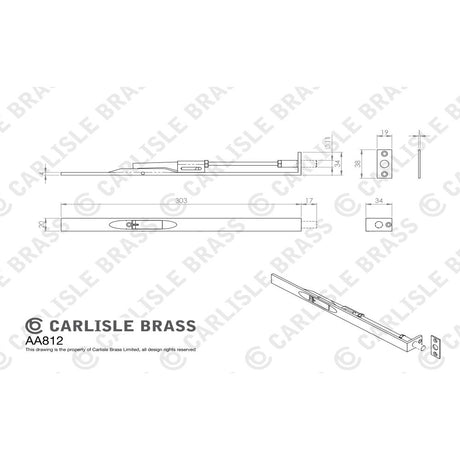 This image is a line drwaing of a Carlisle Brass - Lever Action Flush Bolt 305mm - Satin Nickel available to order from Trade Door Handles in Kendal