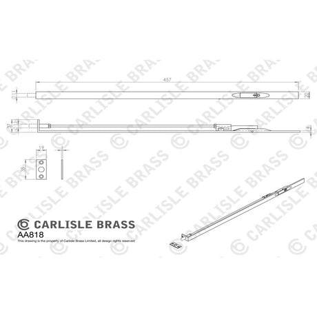 This image is a line drwaing of a Carlisle Brass - Lever Action Flush Bolt 457mm - Satin Chrome available to order from Trade Door Handles in Kendal