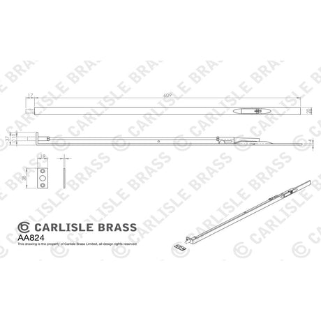 This image is a line drwaing of a Carlisle Brass - Lever Action Flush Bolt 609mm - Polished Chrome available to order from Trade Door Handles in Kendal