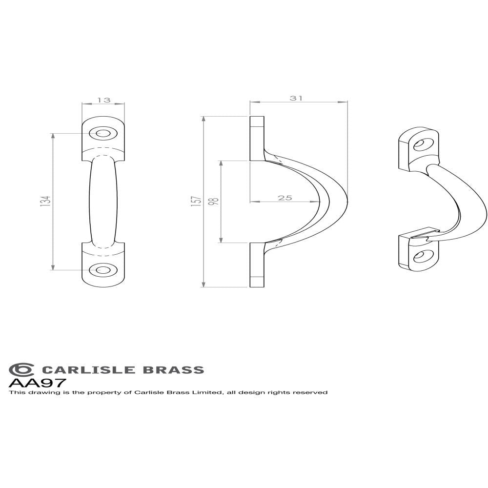 This image is a line drwaing of a Carlisle Brass - Sash Handle - Polished Brass available to order from Trade Door Handles in Kendal