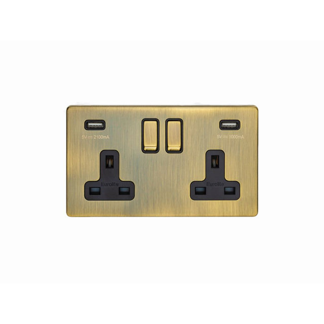 This is an image showing Eurolite Concealed 3mm 2 Gang USB Socket - Antique Brass (With Black Trim) ab2usbb available to order from trade door handles, quick delivery and discounted prices.