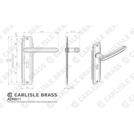 This image is a line drwaing of a Carlisle Brass - Art Deco Lever on Lock Backplate - Satin Nickel available to order from Trade Door Handles in Kendal