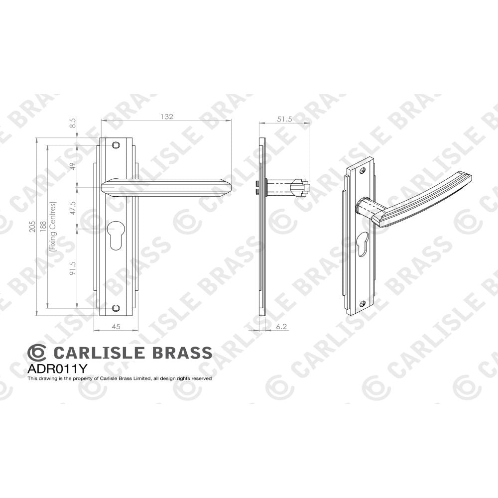 This image is a line drwaing of a Carlisle Brass - Art Deco Lever on Euro Lock Backplate - Polished Chrome available to order from Trade Door Handles in Kendal