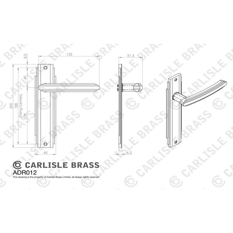 This image is a line drwaing of a Carlisle Brass - Art Deco Lever on Latch Backplate - Satin Nickel available to order from Trade Door Handles in Kendal