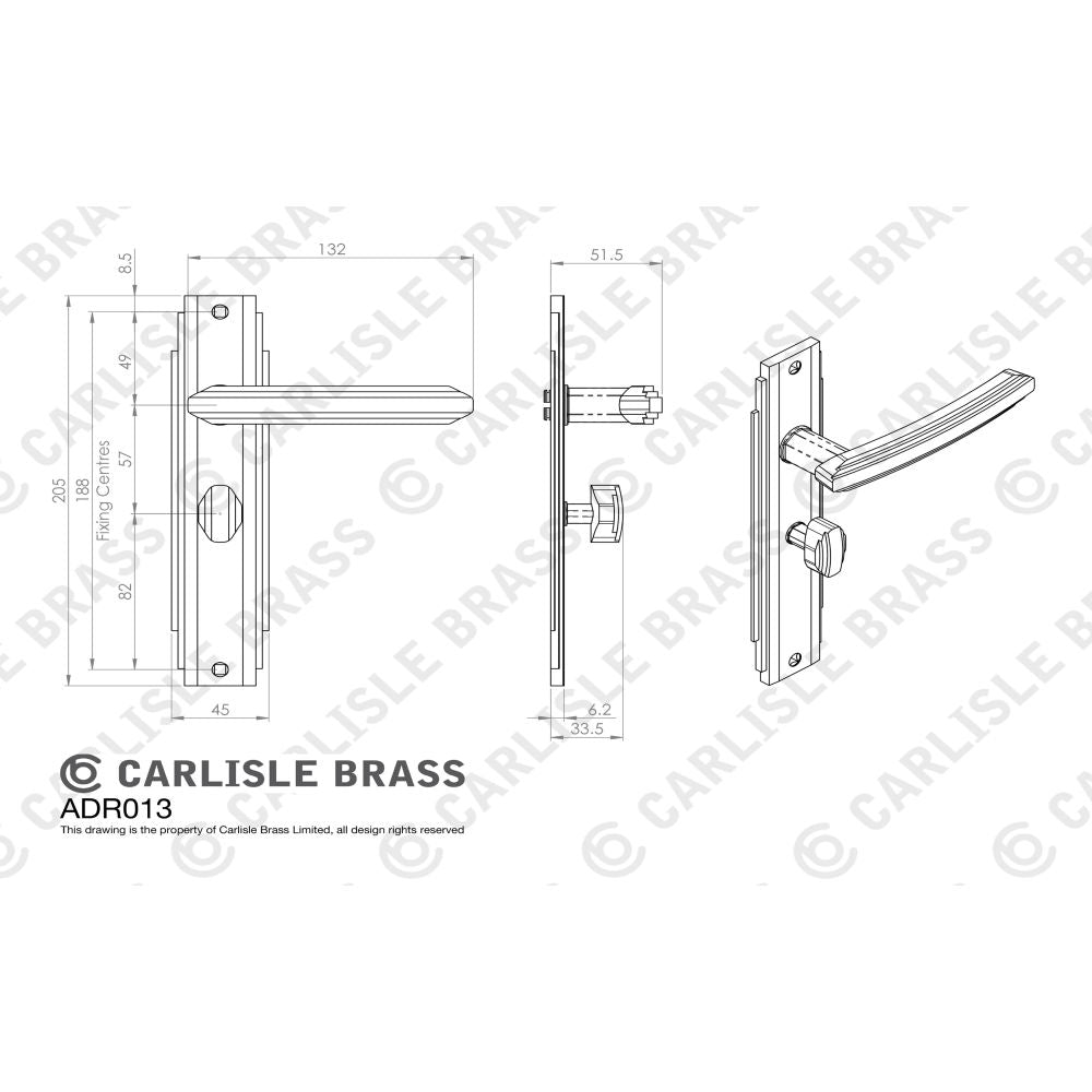 This image is a line drwaing of a Carlisle Brass - Art Deco Lever on WC Backplate - Matt Black available to order from Trade Door Handles in Kendal