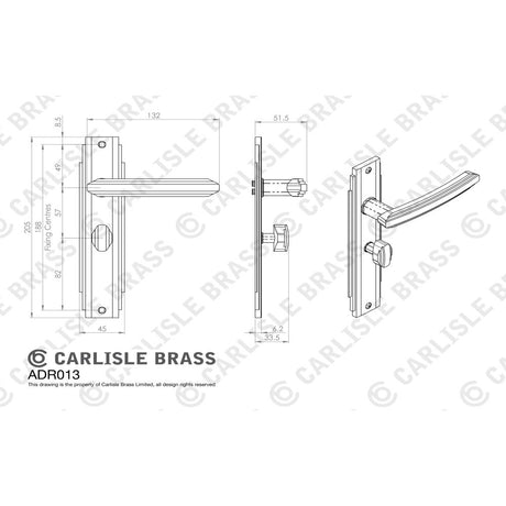 This image is a line drwaing of a Carlisle Brass - Art Deco Lever on WC Backplate - Matt Black available to order from Trade Door Handles in Kendal