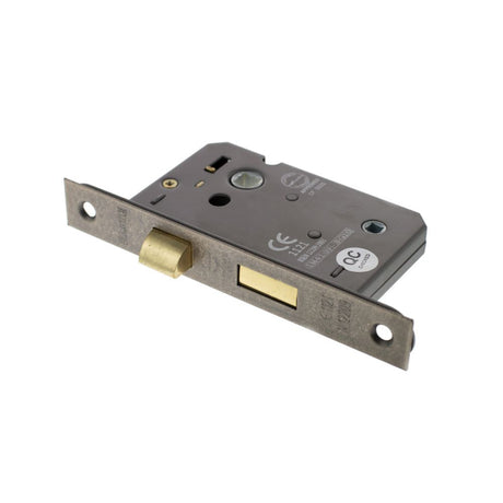 This is an image of Atlantic Bathroom Lock [CE] 3" - Distressed Silver available to order from Trade Door Handles.