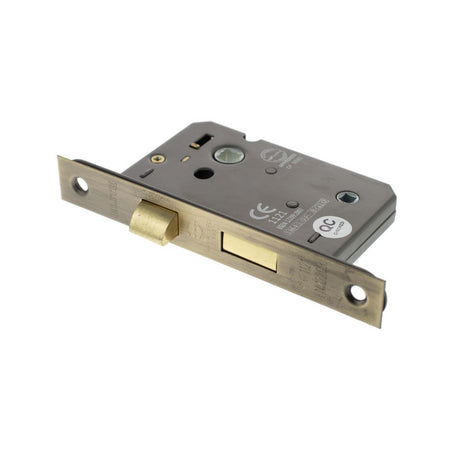 This is an image of Atlantic Bathroom Lock [CE] 3" - Matt Antique Brass available to order from Trade Door Handles.