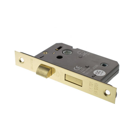 This is an image of Atlantic Bathroom Lock [CE] 3" - Polished Brass available to order from Trade Door Handles.
