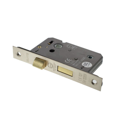 This is an image of Atlantic Bathroom Lock [CE] 3" - Satin Nickel available to order from Trade Door Handles.