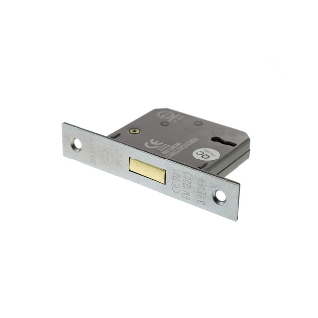 This is an image of Atlantic 3 Lever Key Deadlock [CE] 2.5" - Satin Chrome available to order from Trade Door Handles.