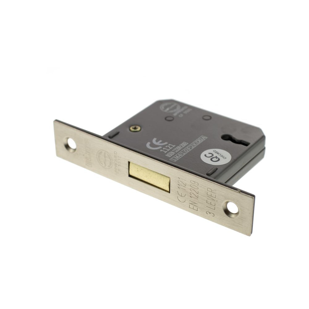 This is an image of Atlantic 3 Lever Key Deadlock [CE] 2.5" - Satin Nickel available to order from Trade Door Handles.