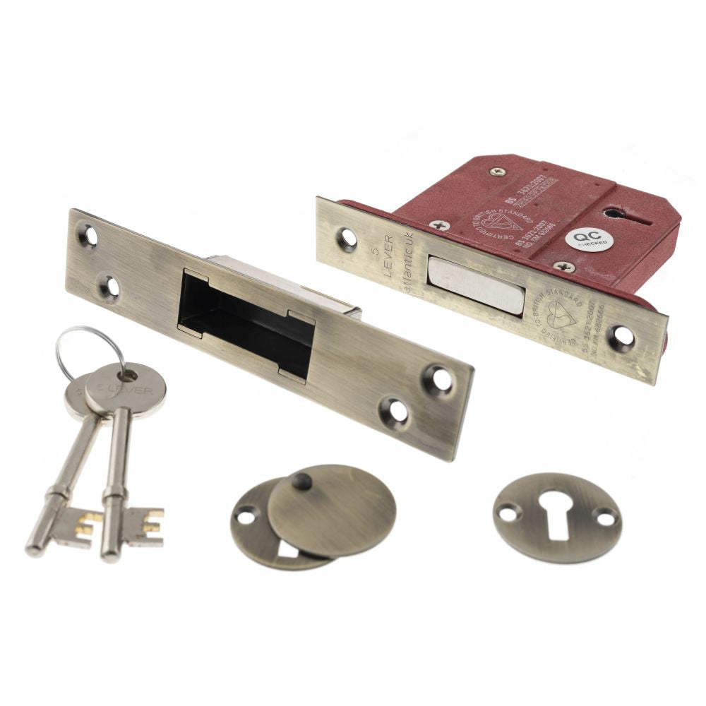 This is an image of Atlantic 5 Lever Key Deadlock [BS] 2.5" - Antique Brass available to order from Trade Door Handles.