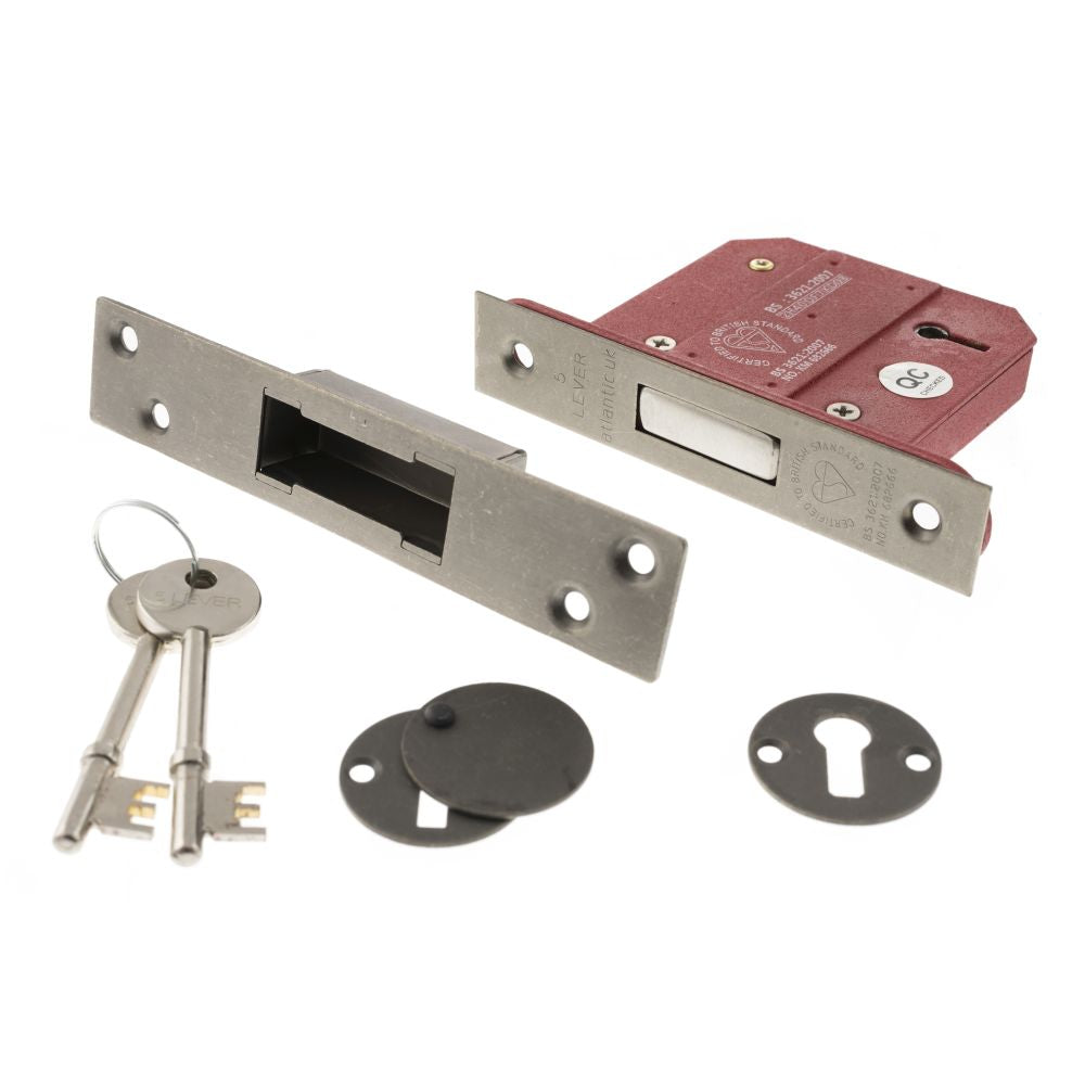 This is an image of Atlantic 5 Lever Key Deadlock [BS] 3" - Distressed Silver available to order from Trade Door Handles.