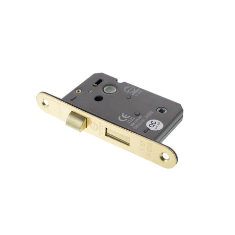 This is an image of Atlantic Radius Corner Bathroom Lock [CE] 2.5" - Polished Brass available to order from Trade Door Handles.