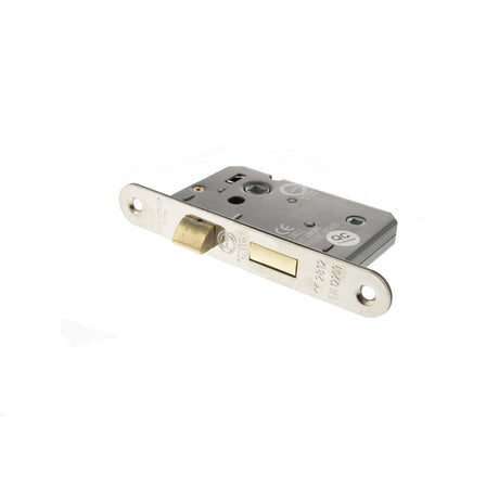 This is an image of Atlantic Radius Corner Bathroom Lock [CE] 2.5" - Polished Nickel available to order from Trade Door Handles.