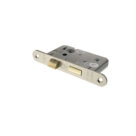 This is an image of Atlantic Radius Corner Bathroom Lock [CE] 2.5" - Satin Nickel available to order from Trade Door Handles.