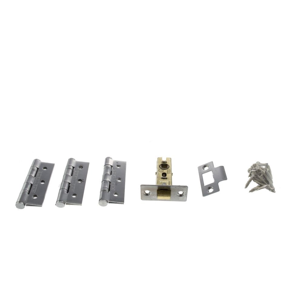 This is an image of Atlantic Latch Pack [CE] 2.5" (Latch x1) + 3"x2" (Hinge x3) - Satin Chrome available to order from Trade Door Handles.