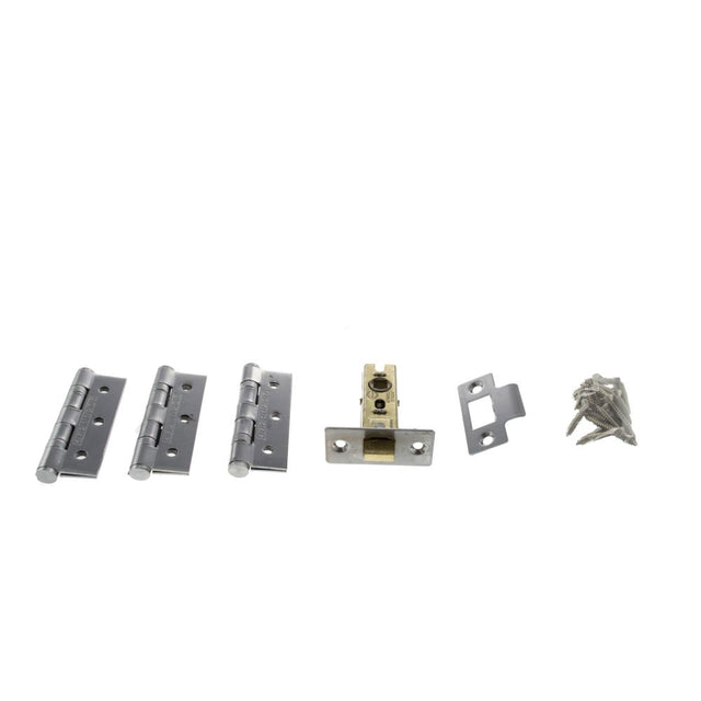 This is an image of Atlantic Latch Pack [CE] 2.5" (Latch x1) + 3"x2" (Hinge x3) - Satin Chrome available to order from Trade Door Handles.