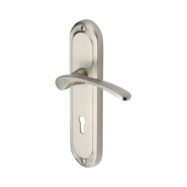 This is an image of a Heritage Brass - Door Handle Lever Lock Ambassador Design Satin Nickel Finish, amb6200-sn that is available to order from Trade Door Handles in Kendal.