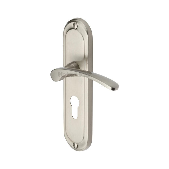 This is an image of a Heritage Brass - Door Handle for Euro Profile Plate Ambassador Design Satin Nicke, amb6248-sn that is available to order from Trade Door Handles in Kendal.