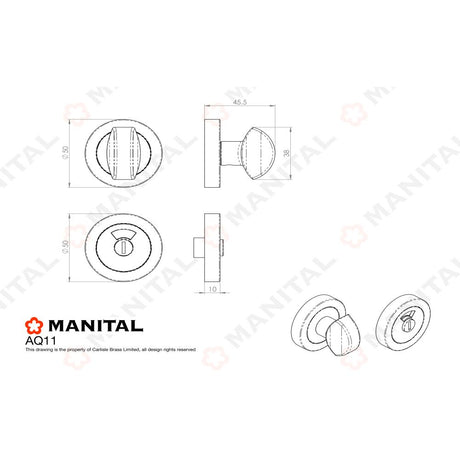 This image is a line drwaing of a Manital - Turn and Release with Indicator - Polished Brass available to order from Trade Door Handles in Kendal