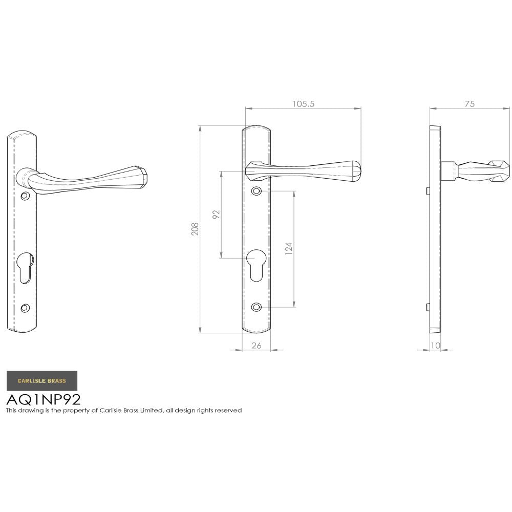 This image is a line drwaing of a Manital - Astro Lever on Euro Lock Narrowplate 92mm c/c - Satin Chrome available to order from Trade Door Handles in Kendal