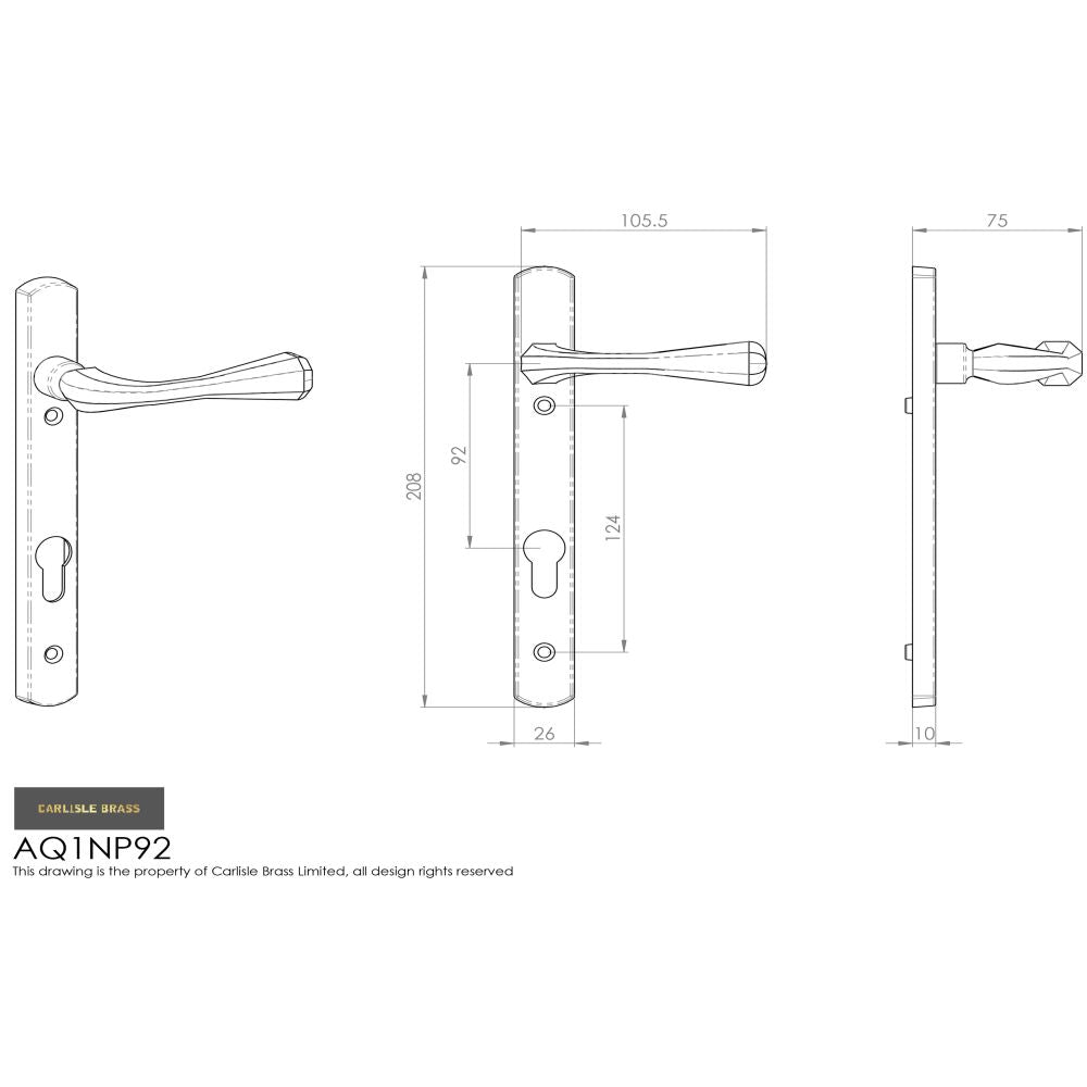 This image is a line drwaing of a Manital - Astro Lever on Euro Lock Narrowplate 92mm c/c - Polished Brass available to order from Trade Door Handles in Kendal