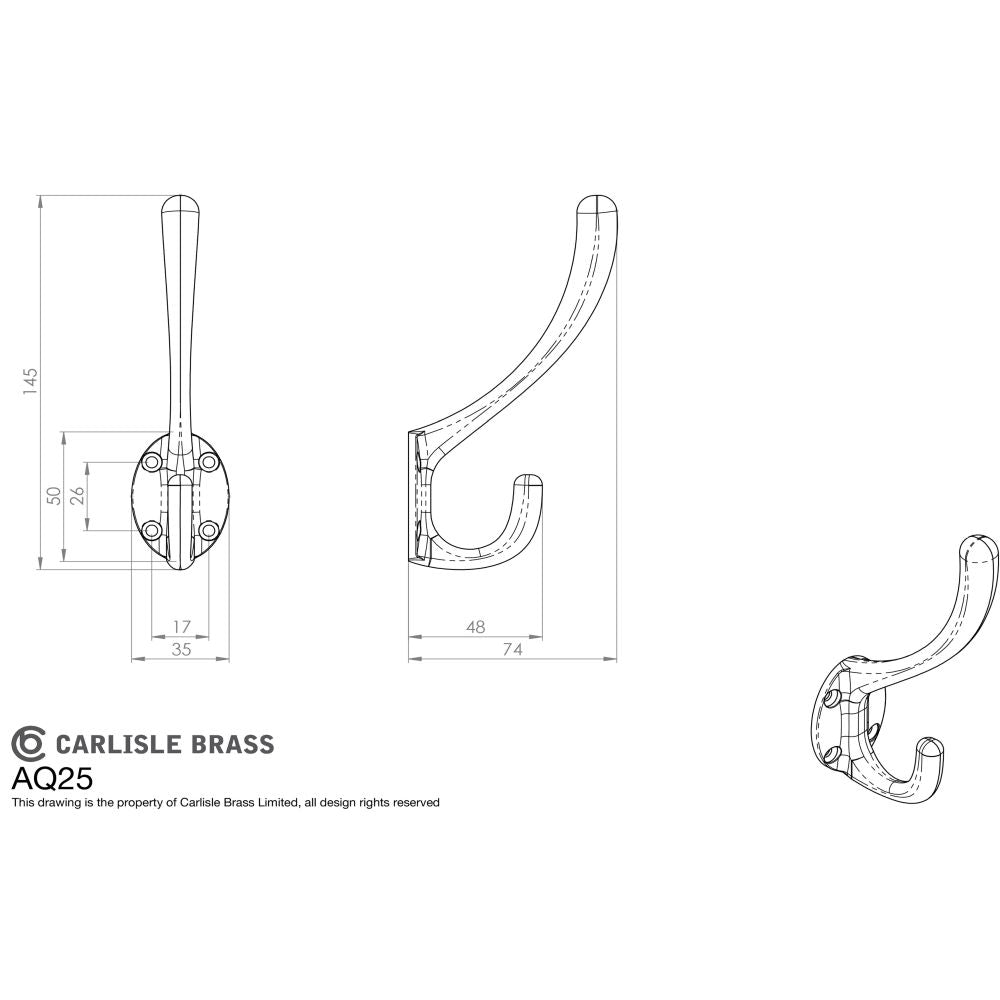 This image is a line drwaing of a Carlisle Brass - Hat and Coat Hook - Satin Chrome available to order from Trade Door Handles in Kendal