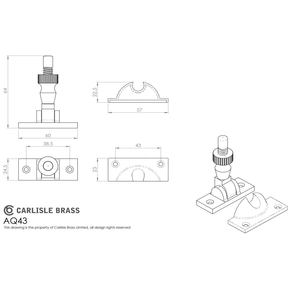 This image is a line drwaing of a Carlisle Brass - Architectural Quality Brighton Sash Fastener - Polished Chrome available to order from Trade Door Handles in Kendal