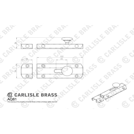 This image is a line drwaing of a Carlisle Brass - Surface Bolt 102mm - Satin Chrome available to order from Trade Door Handles in Kendal