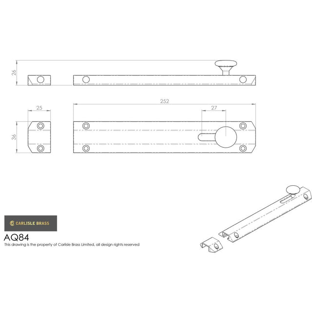 This image is a line drwaing of a Carlisle Brass - Surface Bolt 255mm - Satin Chrome available to order from Trade Door Handles in Kendal