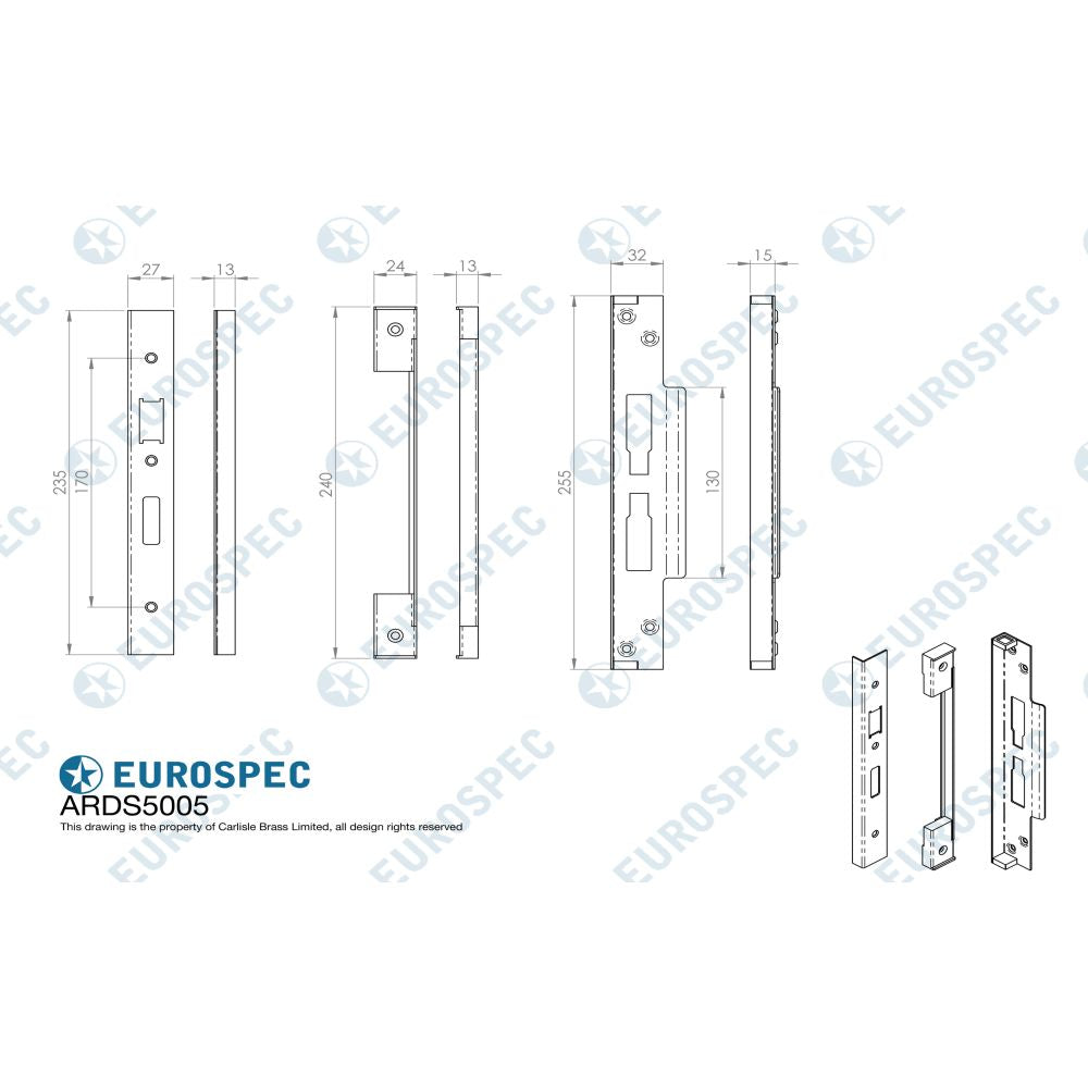 This image is a line drwaing of a Eurospec - Rebate Set Architectural Din Locks - PVD available to order from Trade Door Handles in Kendal